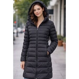 Uniqlo Ultra Light Down Long Puffer Coat Hooded XS Black Gorpcore Utlitarian